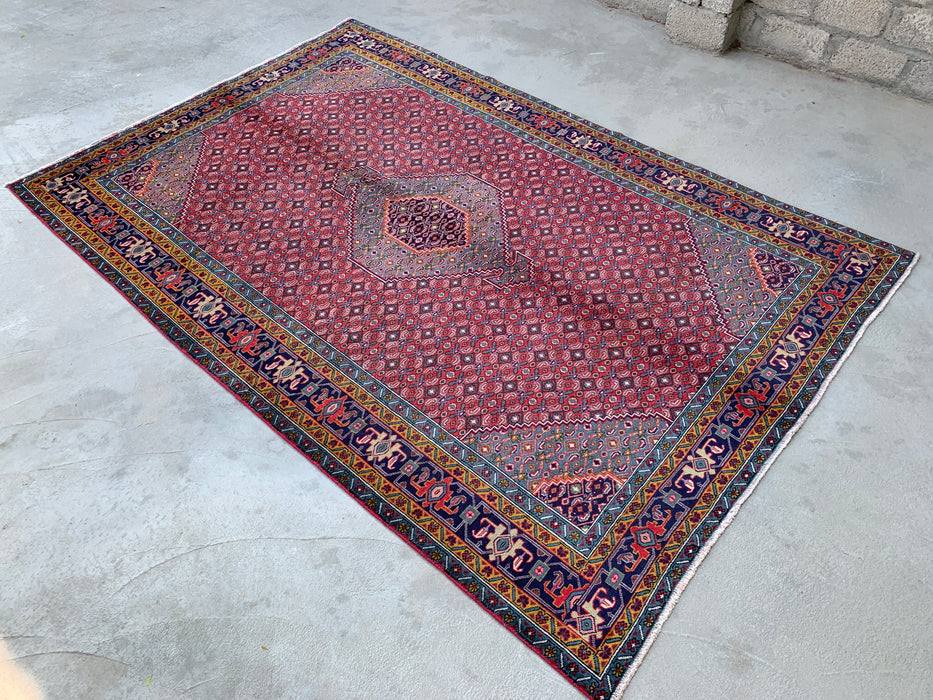 Handgeweven Perzisch wollen vloerkleed 7x10 - Rood, blauw & ivoor vintage medaillon Perzische stijl vloerkleed - Exacte afmeting 287 cm x 191 cm - KBHM-733