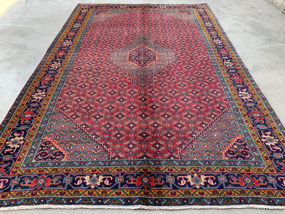 Handgeweven Perzisch wollen vloerkleed 7x10 - Rood, blauw & ivoor vintage medaillon Perzische stijl vloerkleed - Exacte afmeting 287 cm x 191 cm - KBHM-733