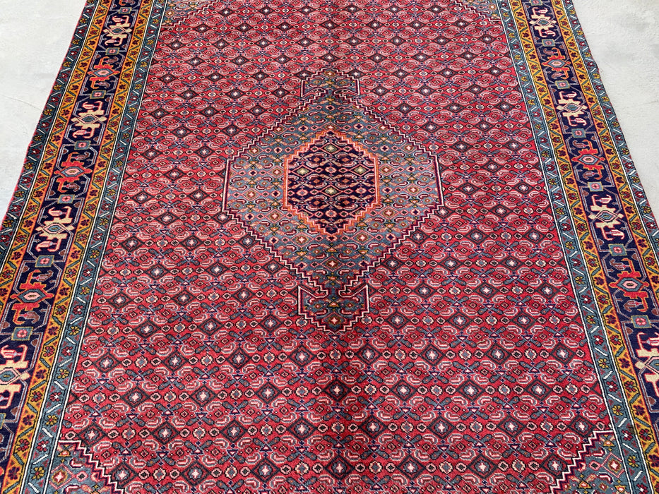 Handgeweven Perzisch wollen vloerkleed 7x10 - Rood, blauw & ivoor vintage medaillon Perzische stijl vloerkleed - Exacte afmeting 287 cm x 191 cm - KBHM-733