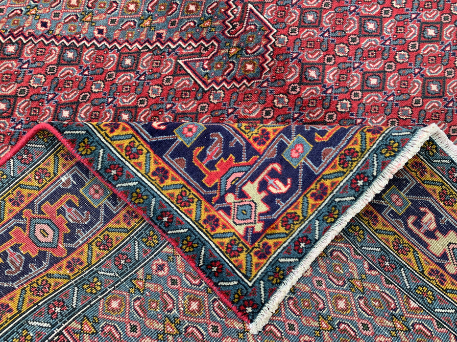 Handgeweven Perzisch wollen vloerkleed 7x10 - Rood, blauw & ivoor vintage medaillon Perzische stijl vloerkleed - Exacte afmeting 287 cm x 191 cm - KBHM-733