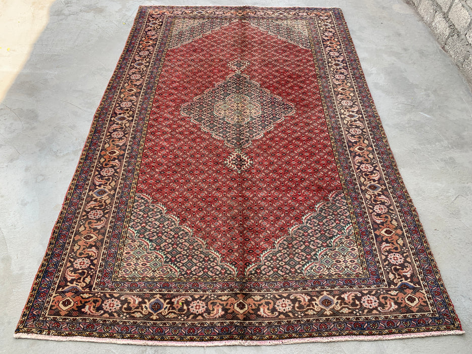 Handgemaakt Perzisch wollen vloerkleed 215x300 cm - Rood, marineblauw & ivoorkleurig vintage Perzisch tapijt met medaillon - Exacte afmeting 299 cm x 193 cm - KBHM-734