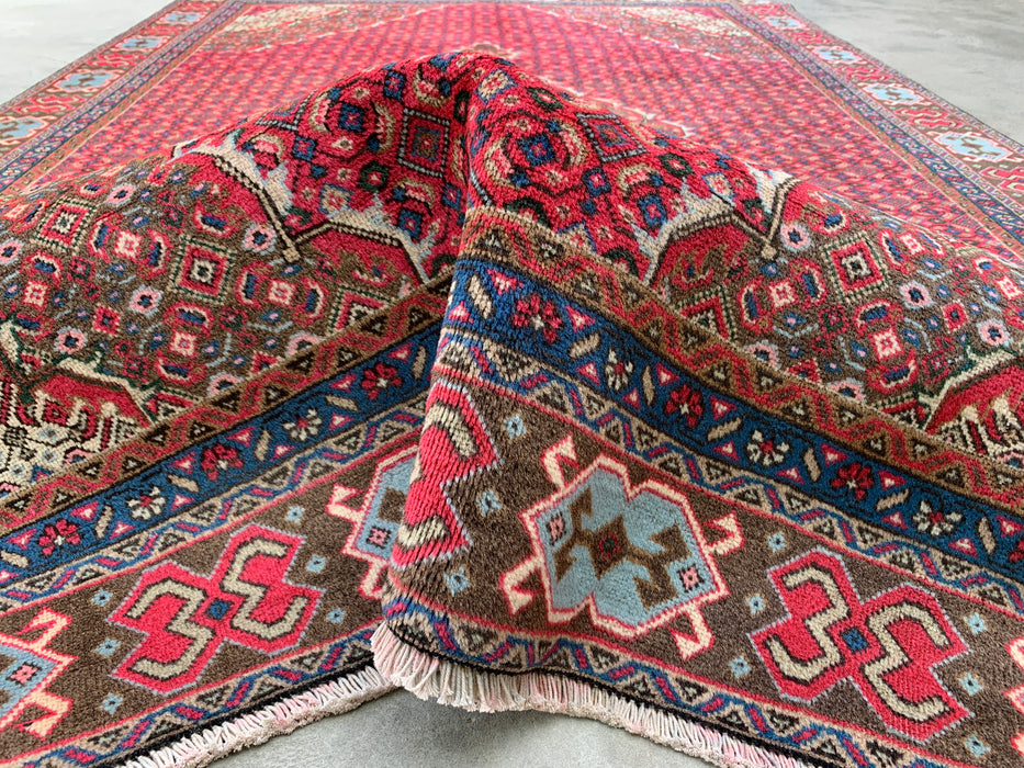 Handgemaakt Perzisch wollen vloerkleed 7x10 - Rood, bruin & ivoor vintage medaillon Perzisch stijl kleed - Exacte afmeting 9'2" x 6'0" - KBHM-735