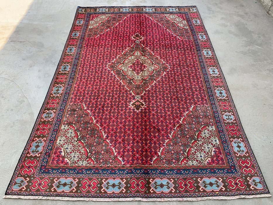 Handgemaakt Perzisch wollen vloerkleed 7x10 - Rood, bruin & ivoor vintage medaillon Perzisch stijl kleed - Exacte afmeting 9'2" x 6'0" - KBHM-735
