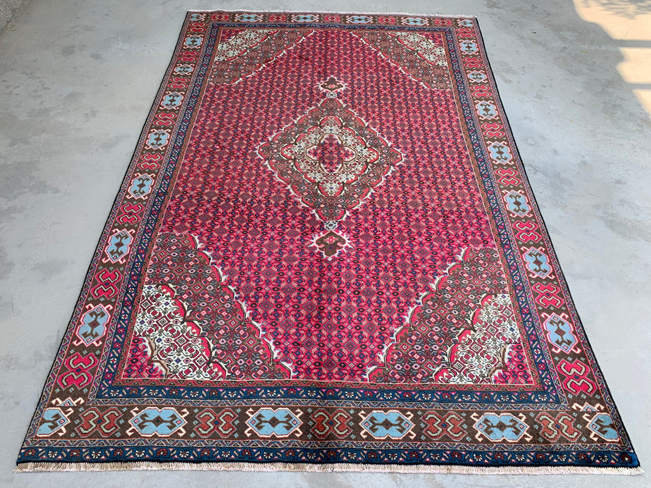 Handgemaakt Perzisch wollen vloerkleed 7x10 - Rood, bruin & ivoor vintage medaillon Perzisch stijl kleed - Exacte afmeting 9'2" x 6'0" - KBHM-735
