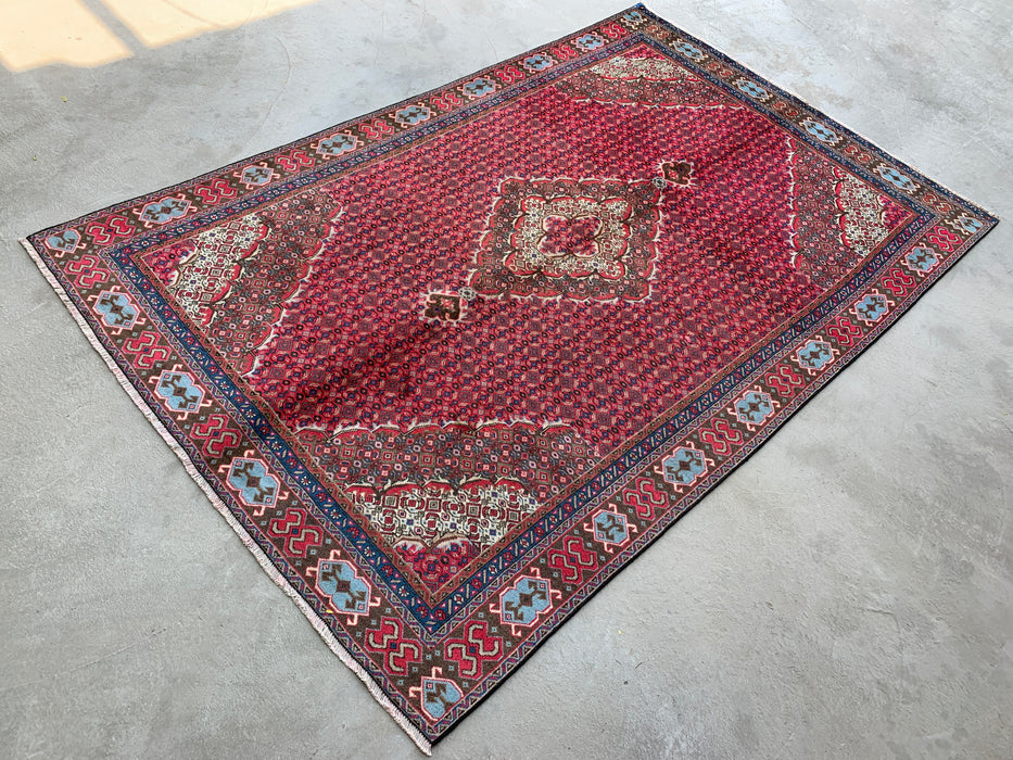 Handgemaakt Perzisch wollen vloerkleed 7x10 - Rood, bruin & ivoor vintage medaillon Perzisch stijl kleed - Exacte afmeting 9'2" x 6'0" - KBHM-735