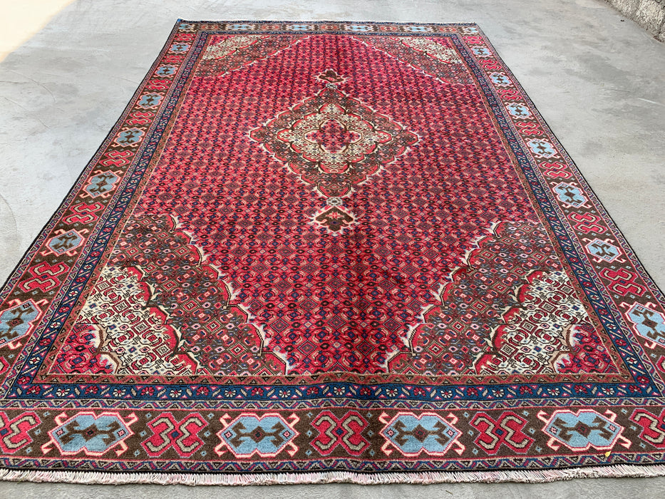 Handgemaakt Perzisch wollen vloerkleed 7x10 - Rood, bruin & ivoor vintage medaillon Perzisch stijl kleed - Exacte afmeting 9'2" x 6'0" - KBHM-735