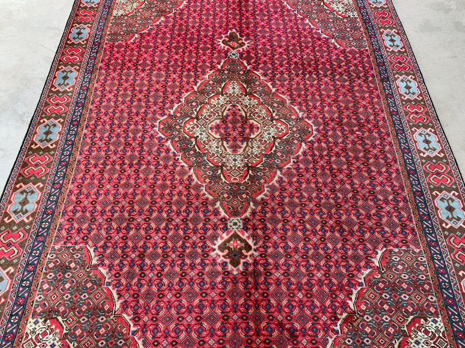 Handgemaakt Perzisch wollen vloerkleed 7x10 - Rood, bruin & ivoor vintage medaillon Perzisch stijl kleed - Exacte afmeting 9'2" x 6'0" - KBHM-735
