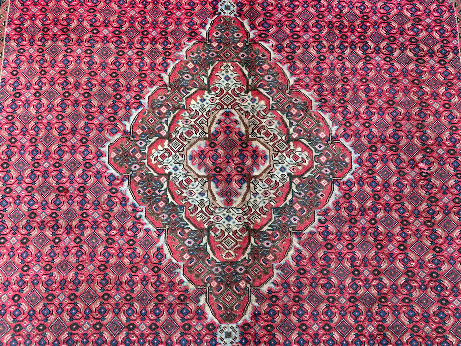 Handgemaakt Perzisch wollen vloerkleed 7x10 - Rood, bruin & ivoor vintage medaillon Perzisch stijl kleed - Exacte afmeting 9'2" x 6'0" - KBHM-735