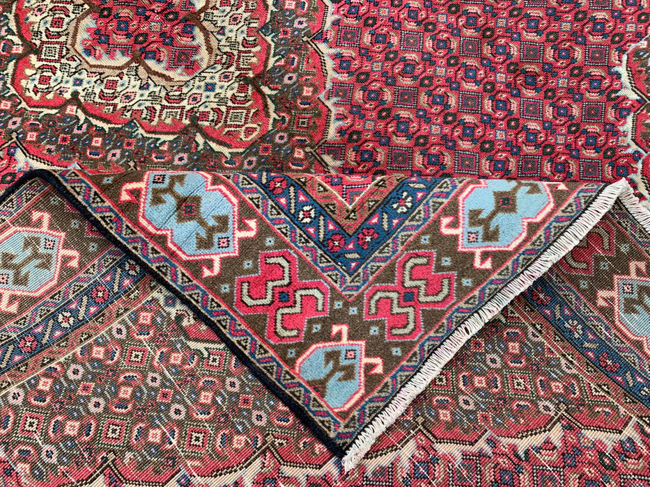 Handgemaakt Perzisch wollen vloerkleed 7x10 - Rood, bruin & ivoor vintage medaillon Perzisch stijl kleed - Exacte afmeting 9'2" x 6'0" - KBHM-735