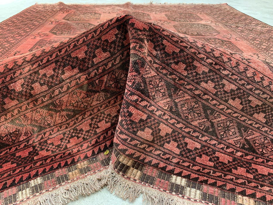 Handgemaakt Perzisch wollen vloerkleed 7x10 - Roze & Bruin Tribaal Geometrisch Medaillon Perzisch stijl kleed - Exacte afmeting 7'9" x 6'8" - KBHM-736