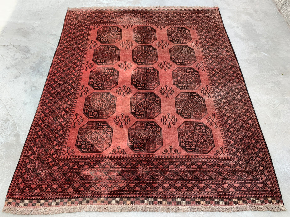 Handgemaakt Perzisch wollen vloerkleed 7x10 - Roze & Bruin Tribaal Geometrisch Medaillon Perzisch stijl kleed - Exacte afmeting 7'9" x 6'8" - KBHM-736
