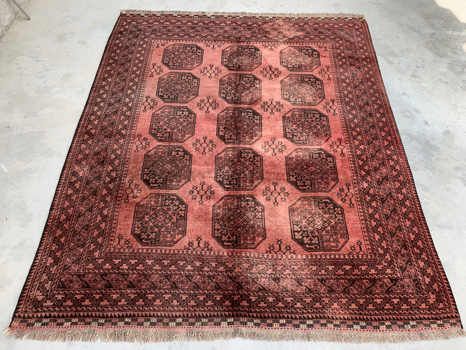 Handgemaakt Perzisch wollen vloerkleed 7x10 - Roze & Bruin Tribaal Geometrisch Medaillon Perzisch stijl kleed - Exacte afmeting 7'9" x 6'8" - KBHM-736