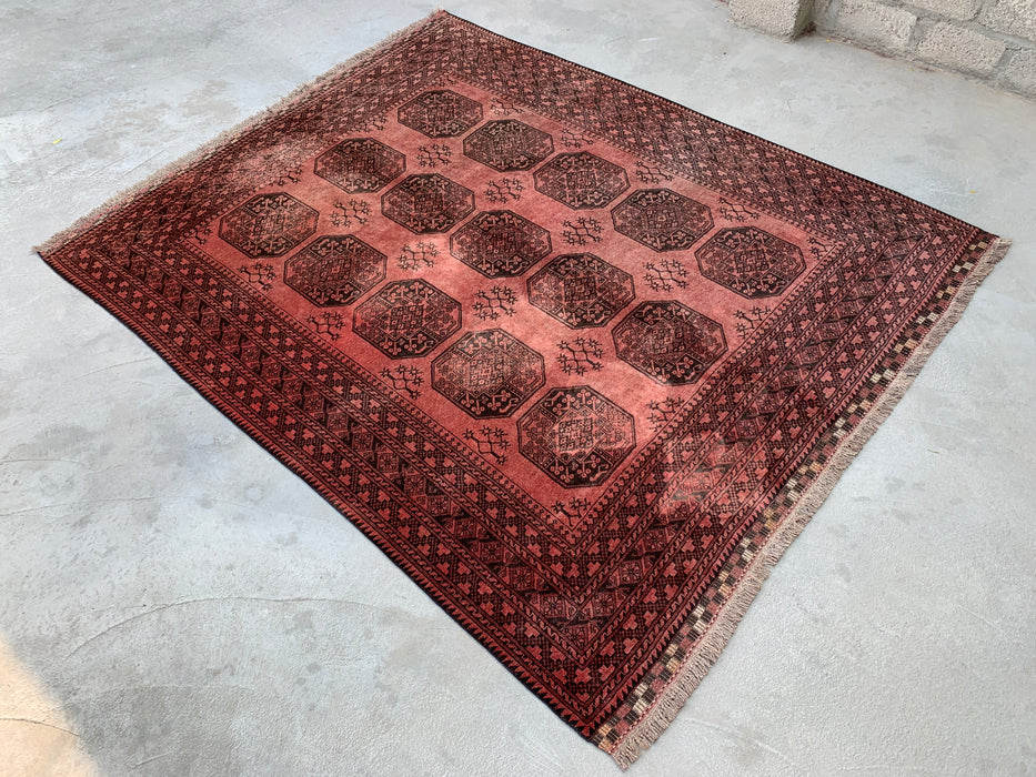 Handgemaakt Perzisch wollen vloerkleed 7x10 - Roze & Bruin Tribaal Geometrisch Medaillon Perzisch stijl kleed - Exacte afmeting 7'9" x 6'8" - KBHM-736