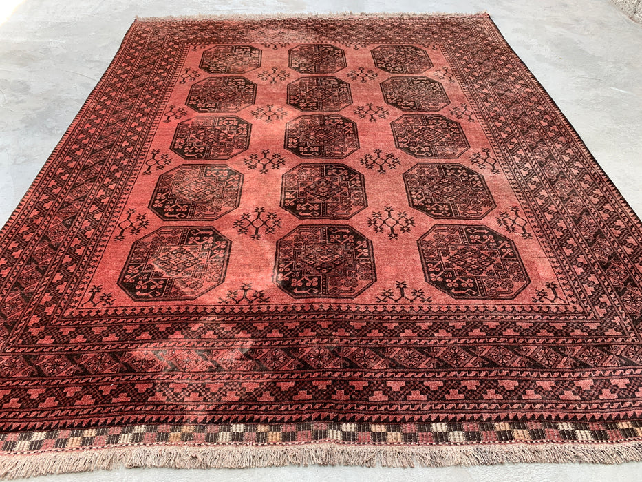 Handgemaakt Perzisch wollen vloerkleed 7x10 - Roze & Bruin Tribaal Geometrisch Medaillon Perzisch stijl kleed - Exacte afmeting 7'9" x 6'8" - KBHM-736