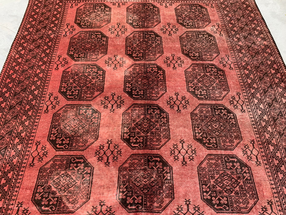 Handgemaakt Perzisch wollen vloerkleed 7x10 - Roze & Bruin Tribaal Geometrisch Medaillon Perzisch stijl kleed - Exacte afmeting 7'9" x 6'8" - KBHM-736