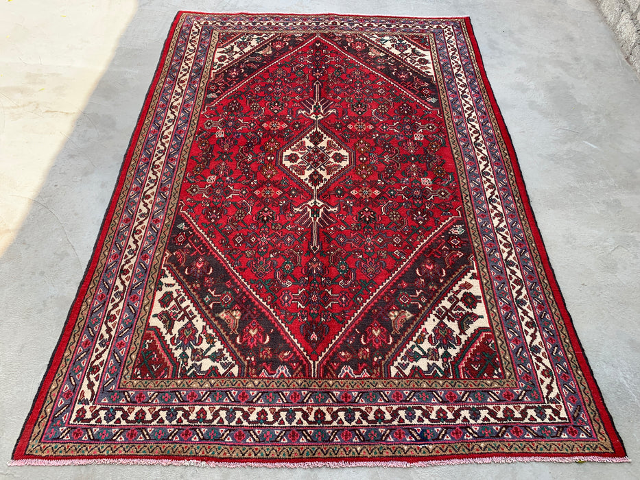 Handmade Persian Wool Area Rug 7x10 - Red, Ivory & Navy Tribal Medallion Persian Style Rug - Exact Size 9'10" x 6'11" - KBHM-737