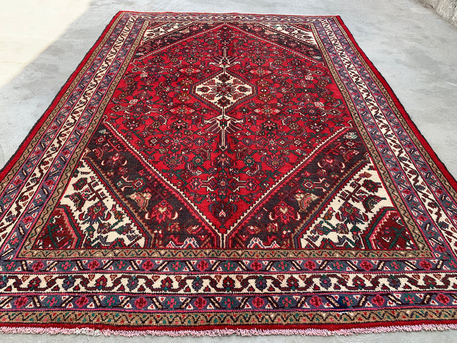 Handmade Persian Wool Area Rug 7x10 - Red, Ivory & Navy Tribal Medallion Persian Style Rug - Exact Size 9'10" x 6'11" - KBHM-737
