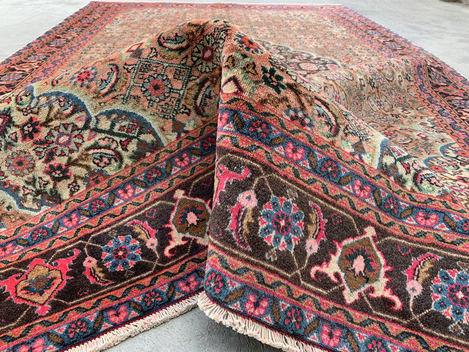 Handgemaakt Perzisch wollen vloerkleed 7x10 - Beige, taupe & zachtroze vintage medaillon Perzisch stijl kleed - Exacte afmeting 9'4" x 6'1" - KBHM-738