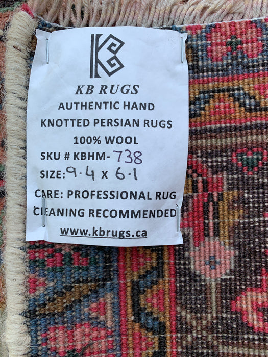 Handgemaakt Perzisch wollen vloerkleed 7x10 - Beige, taupe & zachtroze vintage medaillon Perzisch stijl kleed - Exacte afmeting 9'4" x 6'1" - KBHM-738