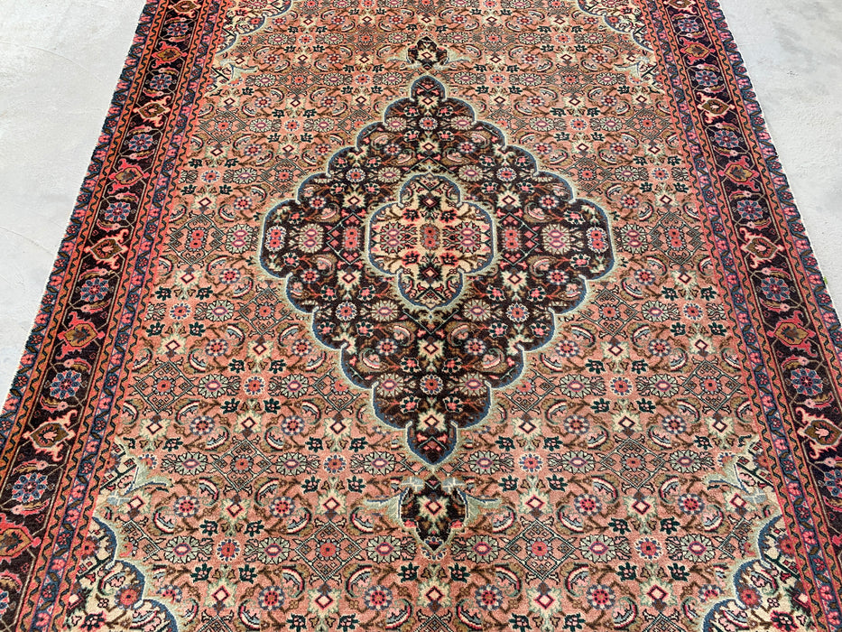 Handgemaakt Perzisch wollen vloerkleed 7x10 - Beige, taupe & zachtroze vintage medaillon Perzisch stijl kleed - Exacte afmeting 9'4" x 6'1" - KBHM-738