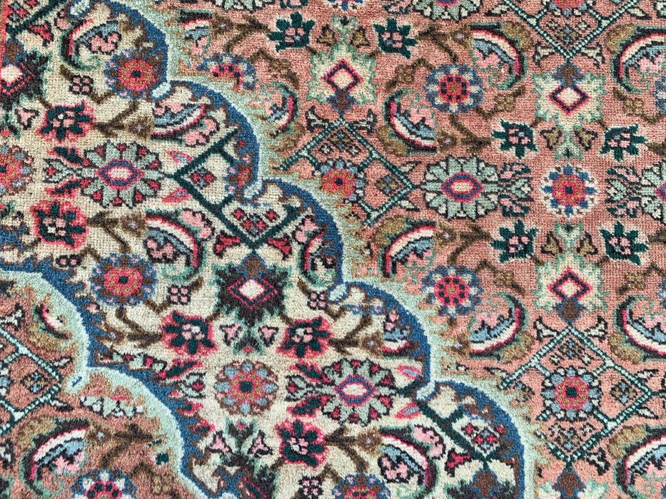 Handgemaakt Perzisch wollen vloerkleed 7x10 - Beige, taupe & zachtroze vintage medaillon Perzisch stijl kleed - Exacte afmeting 9'4" x 6'1" - KBHM-738