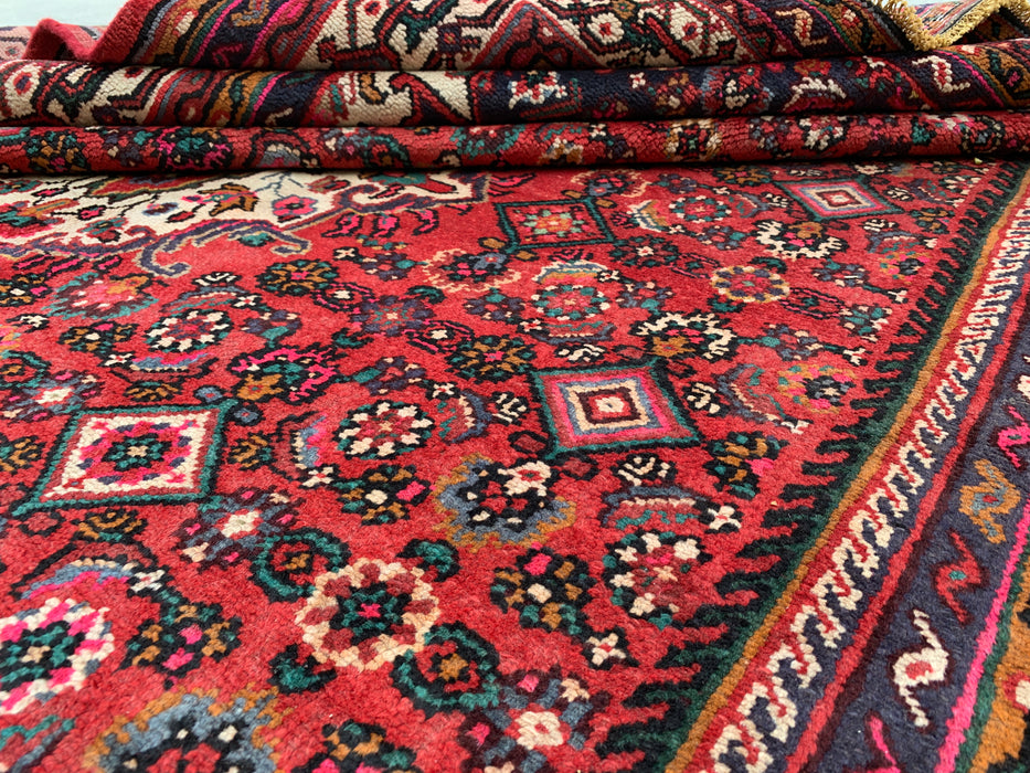 Handgemaakt Perzisch wollen vloerkleed 210x300 cm - Rood, marineblauw en ivoorkleurig Perzisch tapijt met bloemenmedaillon - Exacte afmetingen 299 cm x 208 cm - KBHM-739