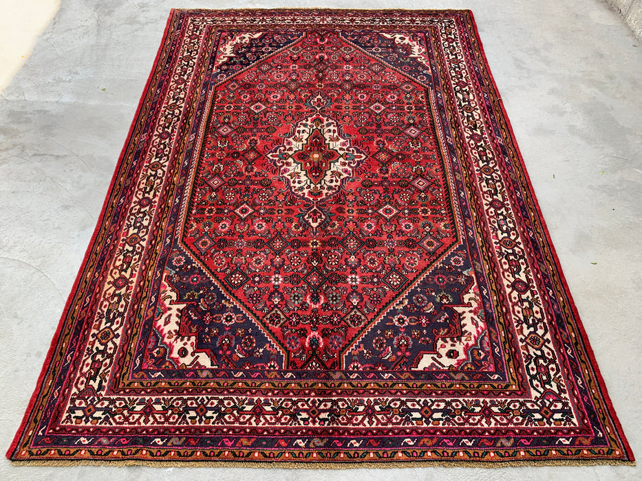 Handgemaakt Perzisch wollen vloerkleed 210x300 cm - Rood, marineblauw en ivoorkleurig Perzisch tapijt met bloemenmedaillon - Exacte afmetingen 299 cm x 208 cm - KBHM-739