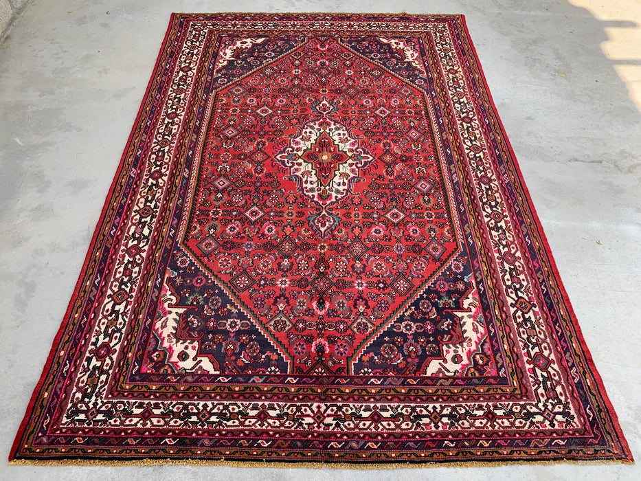 Handgemaakt Perzisch wollen vloerkleed 210x300 cm - Rood, marineblauw en ivoorkleurig Perzisch tapijt met bloemenmedaillon - Exacte afmetingen 299 cm x 208 cm - KBHM-739