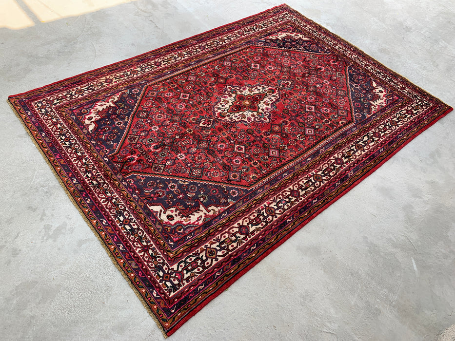 Handgemaakt Perzisch wollen vloerkleed 210x300 cm - Rood, marineblauw en ivoorkleurig Perzisch tapijt met bloemenmedaillon - Exacte afmetingen 299 cm x 208 cm - KBHM-739