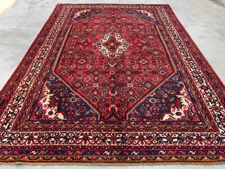 Handgemaakt Perzisch wollen vloerkleed 210x300 cm - Rood, marineblauw en ivoorkleurig Perzisch tapijt met bloemenmedaillon - Exacte afmetingen 299 cm x 208 cm - KBHM-739