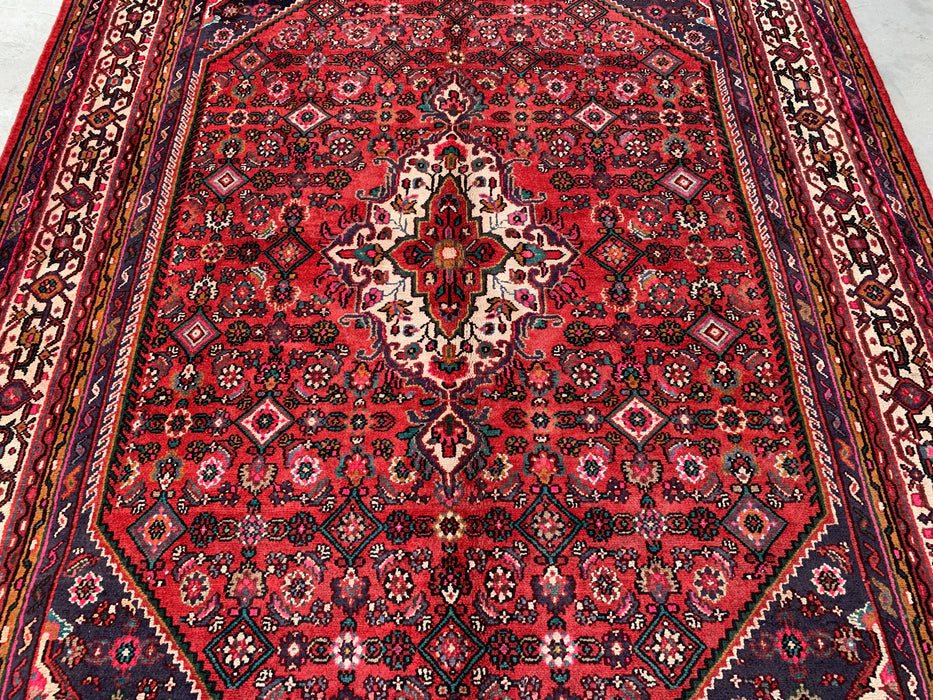 Handgemaakt Perzisch wollen vloerkleed 210x300 cm - Rood, marineblauw en ivoorkleurig Perzisch tapijt met bloemenmedaillon - Exacte afmetingen 299 cm x 208 cm - KBHM-739