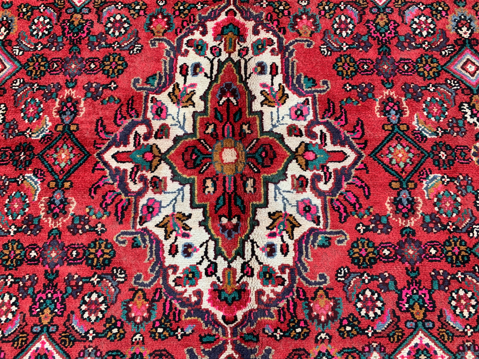Handgemaakt Perzisch wollen vloerkleed 210x300 cm - Rood, marineblauw en ivoorkleurig Perzisch tapijt met bloemenmedaillon - Exacte afmetingen 299 cm x 208 cm - KBHM-739