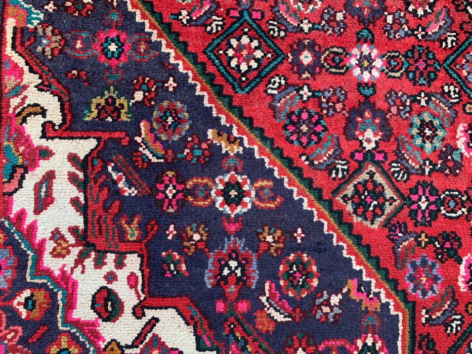 Handgemaakt Perzisch wollen vloerkleed 210x300 cm - Rood, marineblauw en ivoorkleurig Perzisch tapijt met bloemenmedaillon - Exacte afmetingen 299 cm x 208 cm - KBHM-739