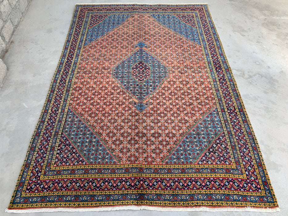 Handgemaakt Perzisch wollen karpet 7x10 - Roos, blauw & ivoor vintage medaillon Perzische stijl tapijt - Exacte afmeting 9'5" x 6'5" - KBHM-740