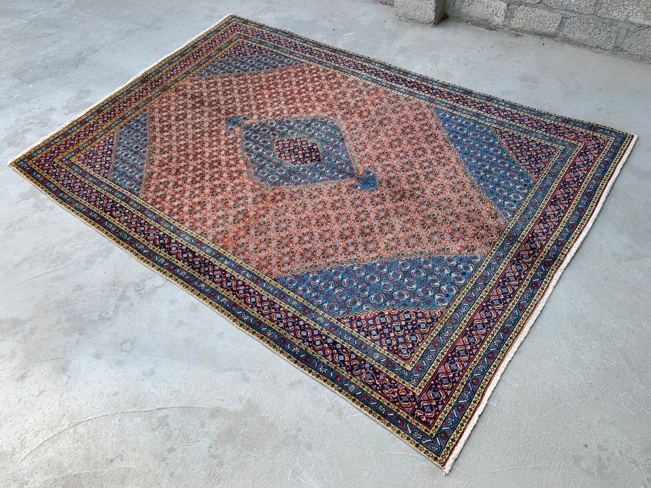 Handgemaakt Perzisch wollen karpet 7x10 - Roos, blauw & ivoor vintage medaillon Perzische stijl tapijt - Exacte afmeting 9'5" x 6'5" - KBHM-740