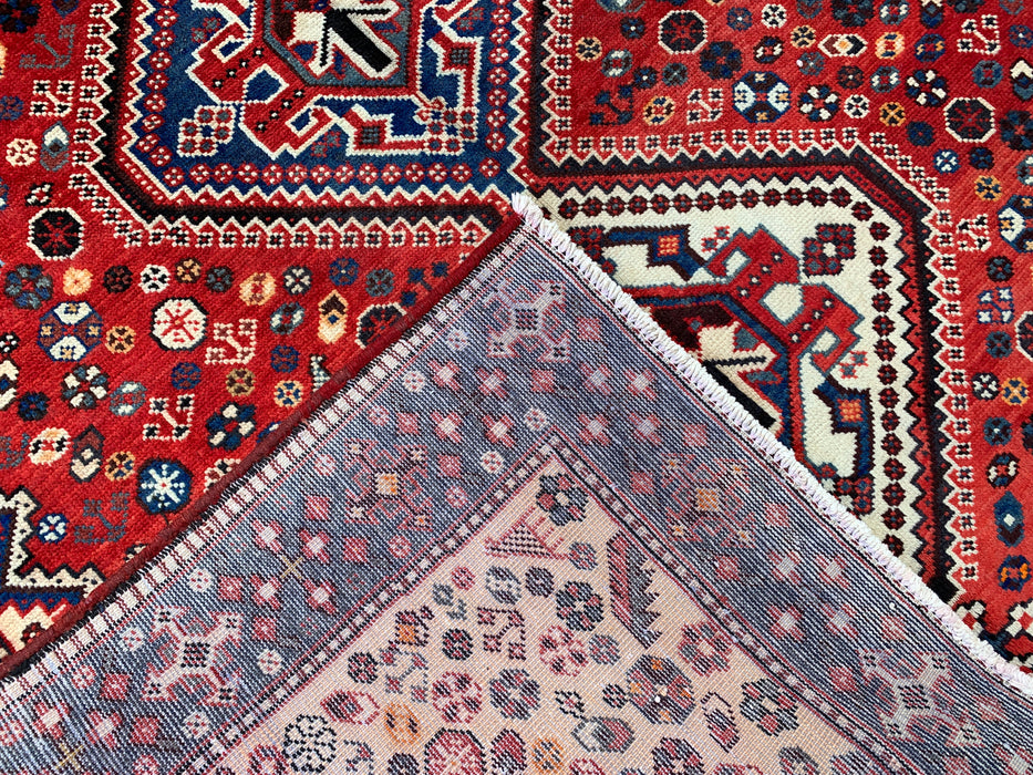Handmade Persian Wool Area Rug 7x10 - Red, Blue & Ivory Tribal Geometric Medallion Persian Style Rug - Exact Size 9'10" x 5'4" - KBHM-741