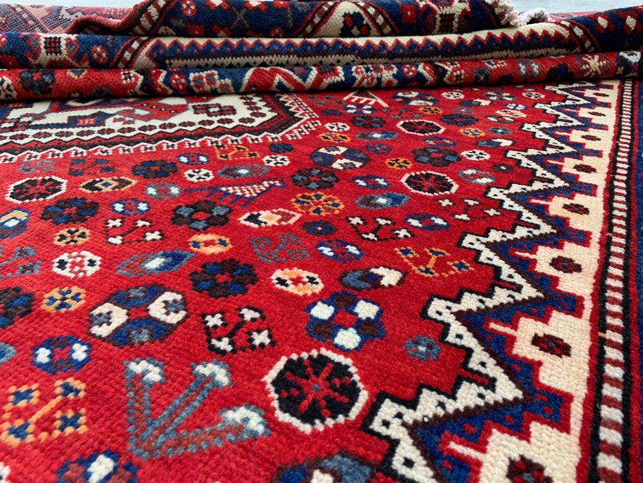 Handmade Persian Wool Area Rug 7x10 - Red, Blue & Ivory Tribal Geometric Medallion Persian Style Rug - Exact Size 9'10" x 5'4" - KBHM-741