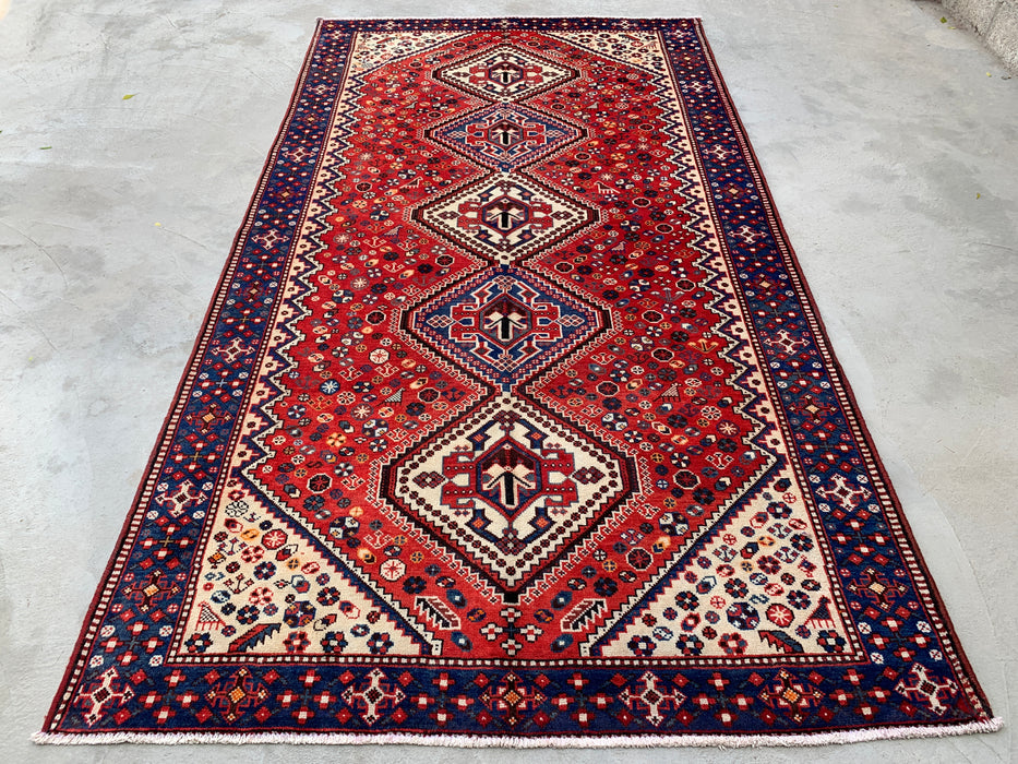 Handmade Persian Wool Area Rug 7x10 - Red, Blue & Ivory Tribal Geometric Medallion Persian Style Rug - Exact Size 9'10" x 5'4" - KBHM-741
