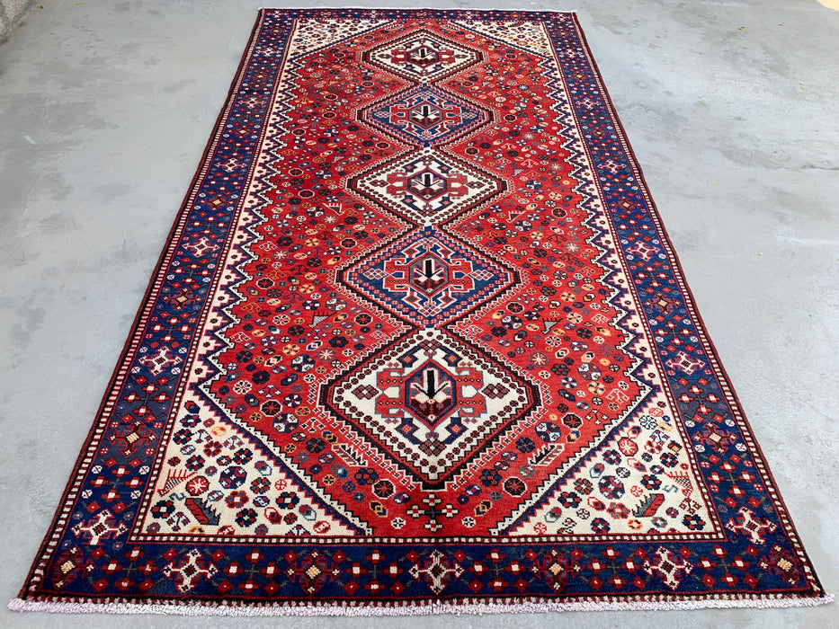 Handmade Persian Wool Area Rug 7x10 - Red, Blue & Ivory Tribal Geometric Medallion Persian Style Rug - Exact Size 9'10" x 5'4" - KBHM-741