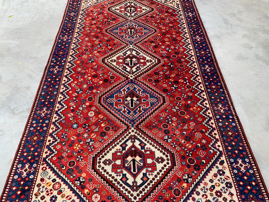 Handmade Persian Wool Area Rug 7x10 - Red, Blue & Ivory Tribal Geometric Medallion Persian Style Rug - Exact Size 9'10" x 5'4" - KBHM-741