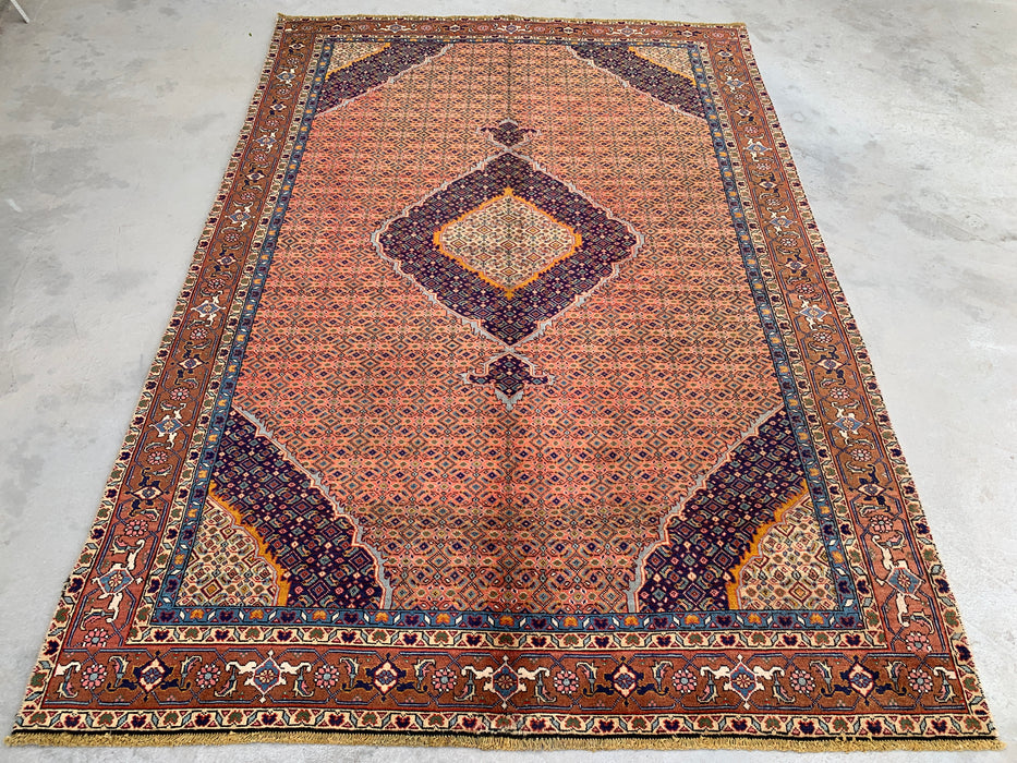 Handgemaakt Perzisch wollen vloerkleed 210x300 cm - Vintage Perzisch medaillonkleed in roze, marineblauw & bruin - Exacte afmeting 267 x 206 cm - KBHM-744