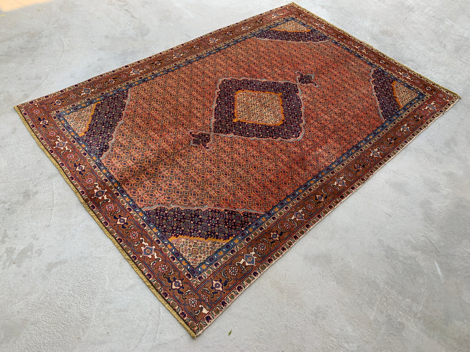 Handgemaakt Perzisch wollen vloerkleed 210x300 cm - Vintage Perzisch medaillonkleed in roze, marineblauw & bruin - Exacte afmeting 267 x 206 cm - KBHM-744