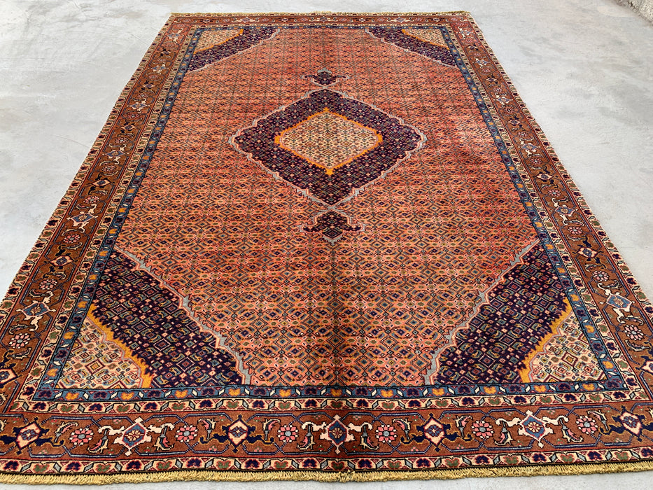 Handgemaakt Perzisch wollen vloerkleed 210x300 cm - Vintage Perzisch medaillonkleed in roze, marineblauw & bruin - Exacte afmeting 267 x 206 cm - KBHM-744