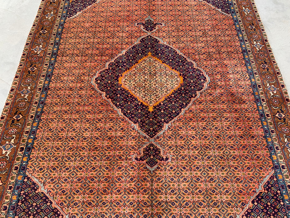 Handgemaakt Perzisch wollen vloerkleed 210x300 cm - Vintage Perzisch medaillonkleed in roze, marineblauw & bruin - Exacte afmeting 267 x 206 cm - KBHM-744