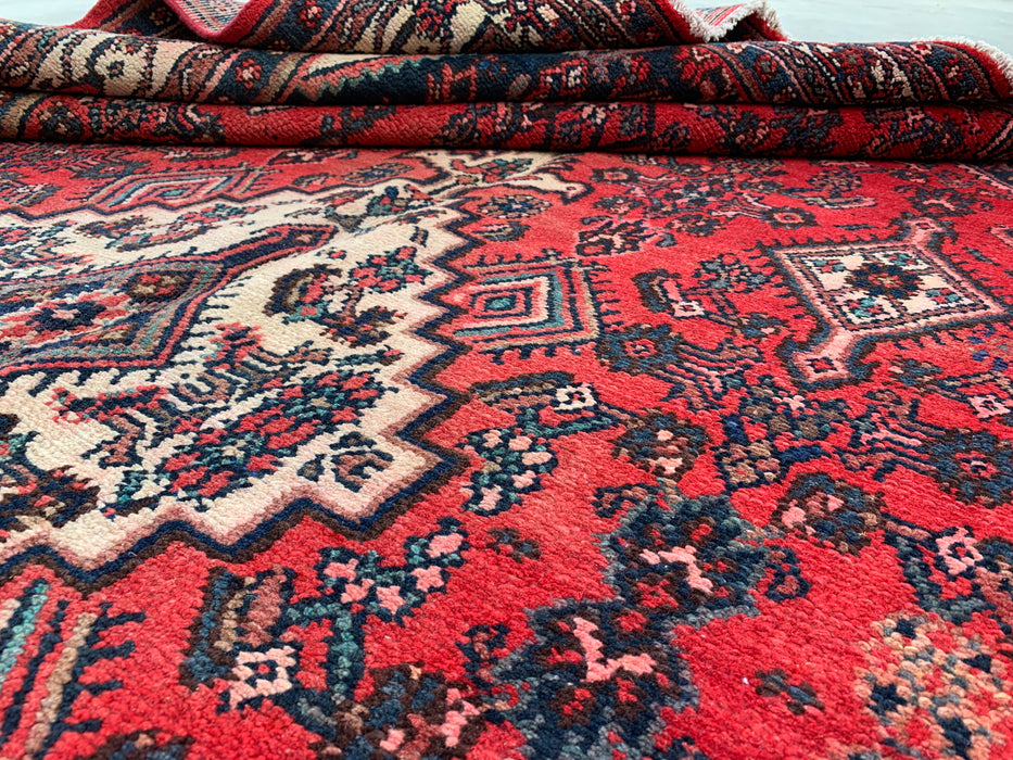 Handgemaakt Perzisch wollen vloerkleed 7x10 - Rood, marineblauw & ivoorkleurig Perzisch stijl kleed met medaillon - Exacte afmeting 9'10" x 6'8" - KBHM-745