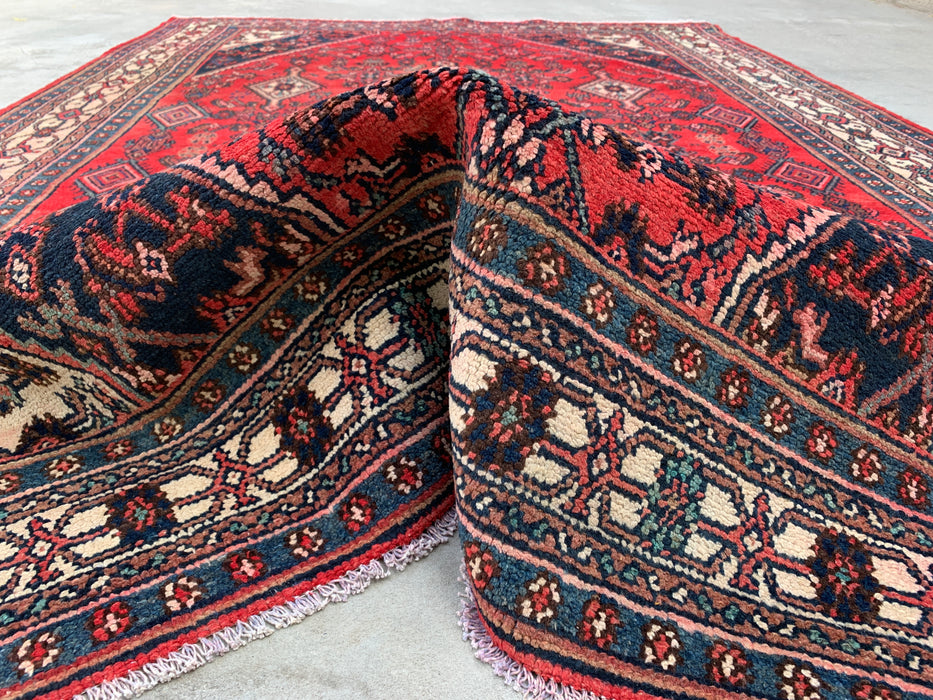 Handgemaakt Perzisch wollen vloerkleed 7x10 - Rood, marineblauw & ivoorkleurig Perzisch stijl kleed met medaillon - Exacte afmeting 9'10" x 6'8" - KBHM-745