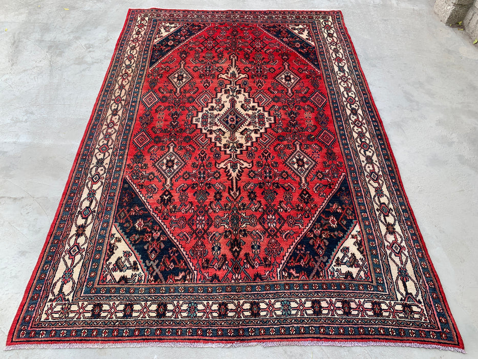 Handgemaakt Perzisch wollen vloerkleed 7x10 - Rood, marineblauw & ivoorkleurig Perzisch stijl kleed met medaillon - Exacte afmeting 9'10" x 6'8" - KBHM-745