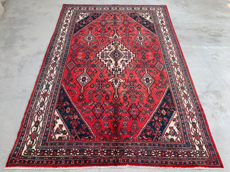Handgemaakt Perzisch wollen vloerkleed 7x10 - Rood, marineblauw & ivoorkleurig Perzisch stijl kleed met medaillon - Exacte afmeting 9'10" x 6'8" - KBHM-745