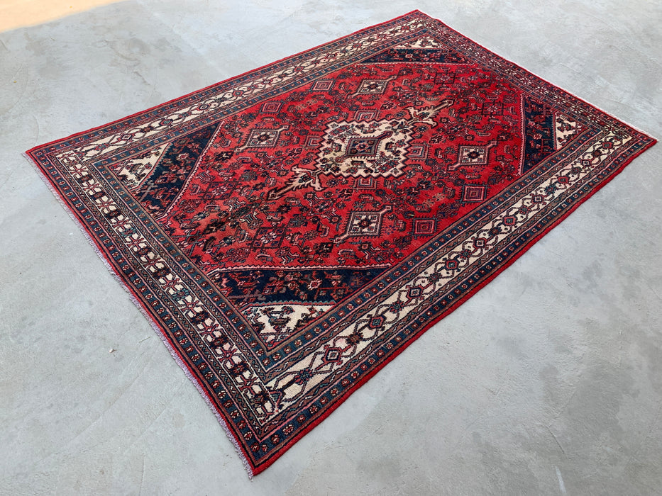 Handgemaakt Perzisch wollen vloerkleed 7x10 - Rood, marineblauw & ivoorkleurig Perzisch stijl kleed met medaillon - Exacte afmeting 9'10" x 6'8" - KBHM-745