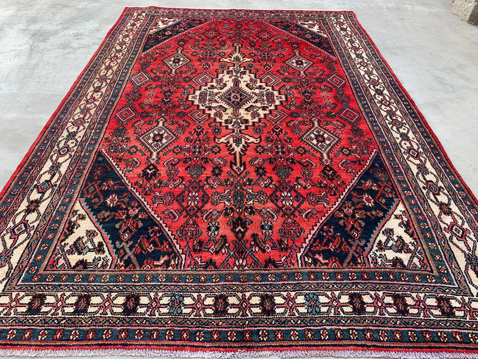 Handgemaakt Perzisch wollen vloerkleed 7x10 - Rood, marineblauw & ivoorkleurig Perzisch stijl kleed met medaillon - Exacte afmeting 9'10" x 6'8" - KBHM-745